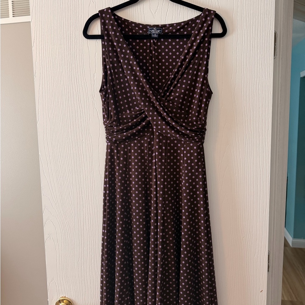 American Living | Brown Midi Dress with Pink Polka Dots